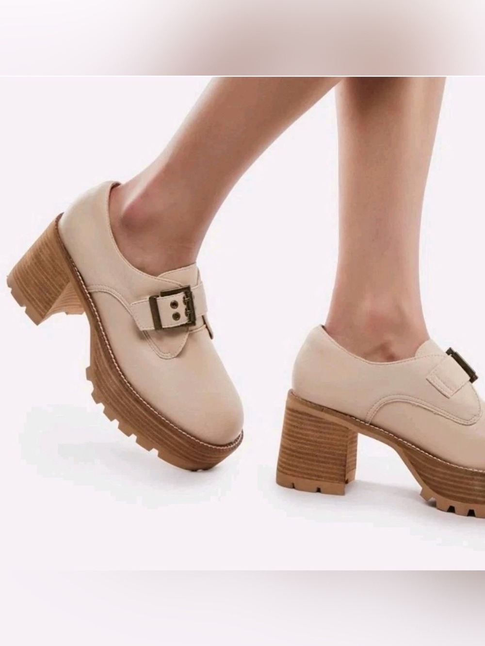 Oasis Society NWOB Sarah Buckled Platform Loafers With Monkstrap Beige Size 7.5